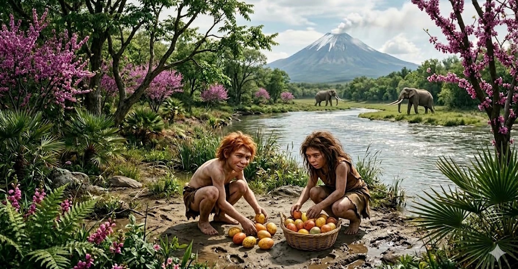 Una bambina e un bambino neandertaliani giocano a una “caccia alle uova” preistorica sulle rive del fiume pleistocenico di Casal de’ Pazzi (Immagine generata da AI) Una bambina e un bambino neandertaliani giocano a una “caccia alle uova” preistorica sulle rive del fiume pleistocenico di Casal de’ Pazzi