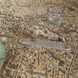 Plastico di Roma Imperiale. Panoramica con Aventino, Circo Massimo, Palatino, Acquedotto Neroniano e Anfiteatro Flavio