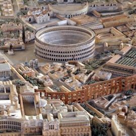 Plastico di Roma Imperiale. Particolare con l’Anfiteatro Flavio e le arcate dell’Acquedotto Neroniano